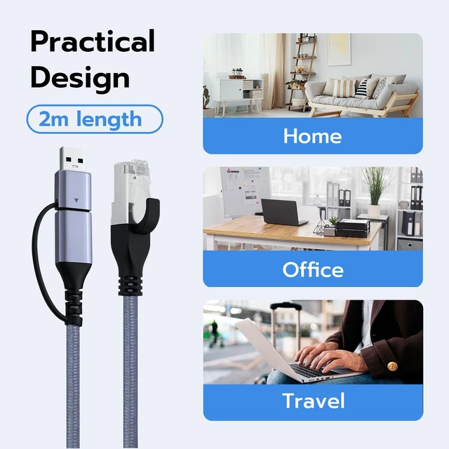 Alt view image 7 of 7 - 2 in 1 USB C to Ethernet Cable 6.6ft, RJ45 Gigabit LAN for Laptop | USB to Ethernet Cable with Nylon Braid and Aluminum Housing, No Drivers Needed, Data Only, for MacBook and for iPad