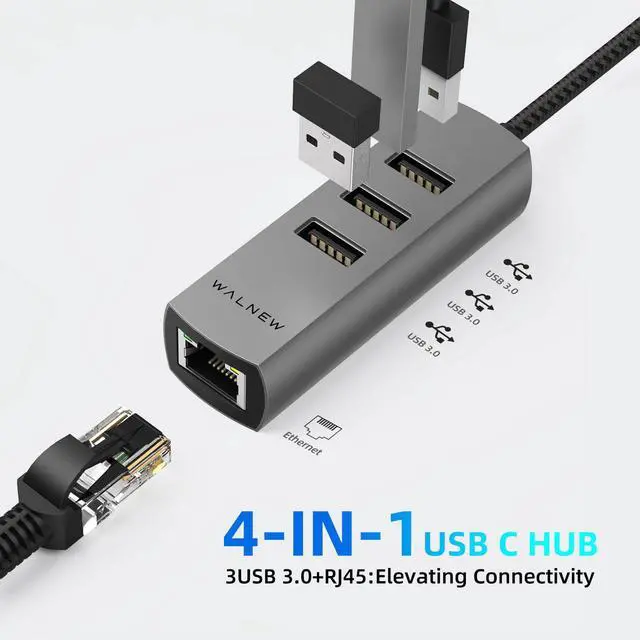 Alt view image 2 of 7 - USB-C to Ethernet Adapter, WALNEW USBC to RJ45 LAN Adapter, Gigabit Cat Network Cable Converter to Type C Thunderbolt 3 for Mac,MacBook Pro/Air,Samsung Galaxy Tab (Ehternet+USB-A Port, USB-C)