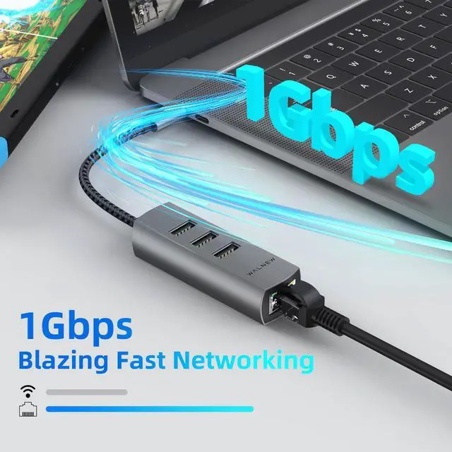 Alt view image 3 of 7 - USB-C to Ethernet Adapter, WALNEW USBC to RJ45 LAN Adapter, Gigabit Cat Network Cable Converter to Type C Thunderbolt 3 for Mac,MacBook Pro/Air,Samsung Galaxy Tab (Ehternet+USB-A Port, USB-C)