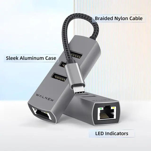 Alt view image 5 of 7 - USB-C to Ethernet Adapter, WALNEW USBC to RJ45 LAN Adapter, Gigabit Cat Network Cable Converter to Type C Thunderbolt 3 for Mac,MacBook Pro/Air,Samsung Galaxy Tab (Ehternet+USB-A Port, USB-C)