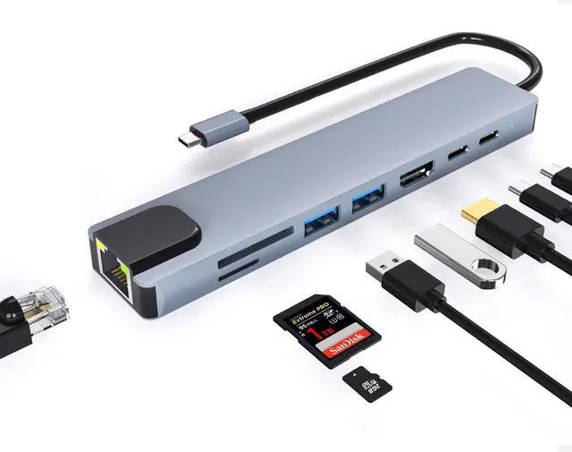 Main image of USB C Hub Ethernet, 8 in 1 Multiport USB C to HDMI Adapter 4K, 100Mbps, 100W PD, SD/TF Card Reader, 2 USB/ 2 USB-C Ports, Ethernet Adapter with 4K HDMI for MacBook Pro, iPad Air, HP, Dell, etc