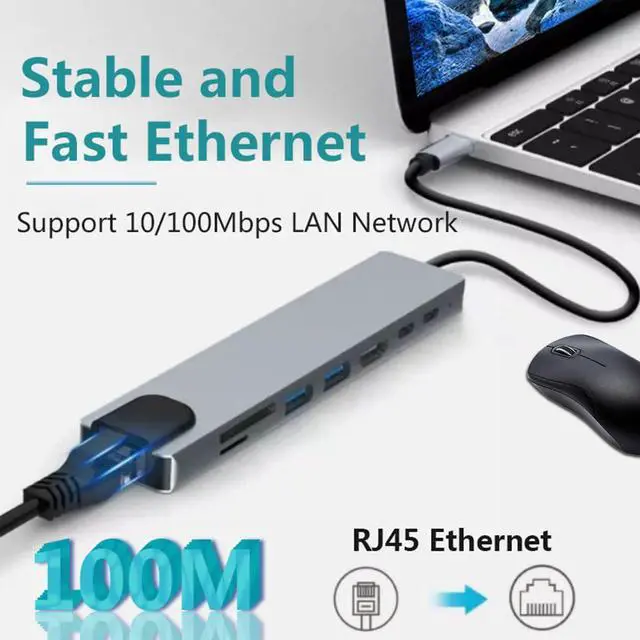 Alt view image 2 of 6 - USB C Hub Ethernet, 8 in 1 Multiport USB C to HDMI Adapter 4K, 100Mbps, 100W PD, SD/TF Card Reader, 2 USB/ 2 USB-C Ports, Ethernet Adapter with 4K HDMI for MacBook Pro, iPad Air, HP, Dell, etc