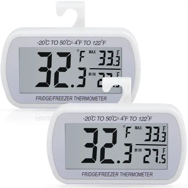 Main image of 2 Pack Waterproof Digital Refrigerator Thermometer Large LCD, Freezer Room Thermometer with Magnetic Back, No Frills Easy to Read