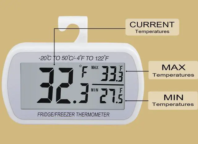 Alt view image 3 of 7 - 2 Pack Waterproof Digital Refrigerator Thermometer Large LCD, Freezer Room Thermometer with Magnetic Back, No Frills Easy to Read