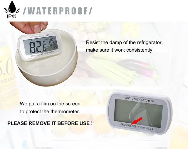 Alt view image 6 of 7 - 2 Pack Waterproof Digital Refrigerator Thermometer Large LCD, Freezer Room Thermometer with Magnetic Back, No Frills Easy to Read