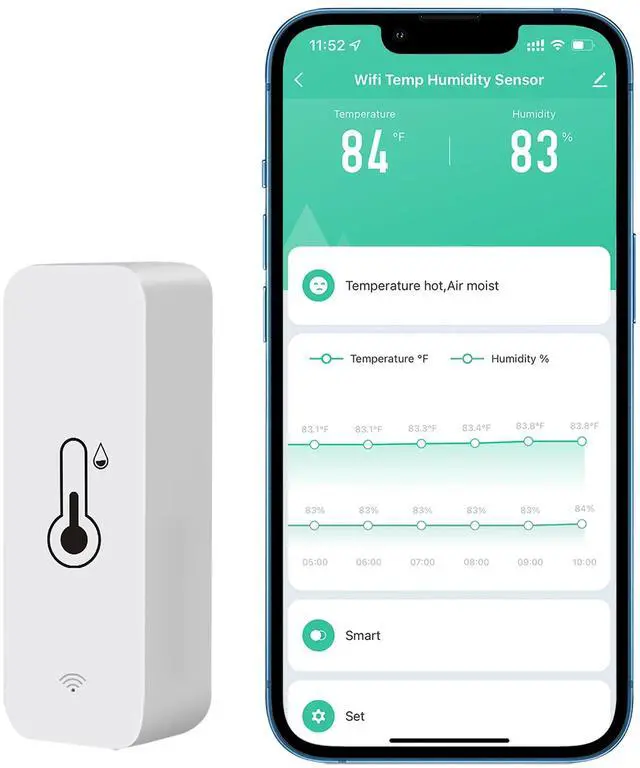 Main image of WiFi Thermometer Hygrometer Sensor, Wireless Temperature and Humidity Sensor for Indoor and Outdoor Use with Remote App Notification Alarm, Works with The Tuya App (1 Pack)