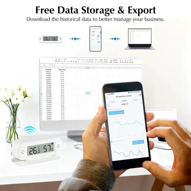 Alt view image 2 of 7 - WiFi Thermometer, Humidity Meter with Smart Alert and Data Storage, Temperature and Humidity Monitor for Bedroom, Baby Room, Warehouse, Cellar, Greenhouse, White with Screen