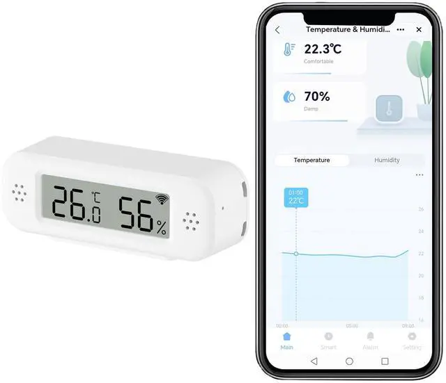 Main image of Smart Digital Thermometer Hygrometer, WiFi Indoor Temperature Humidity Sensor with App Alerts, Mini Room Temperature Meter with Data Storage and Export, Compatible with Alexa. 1PCS