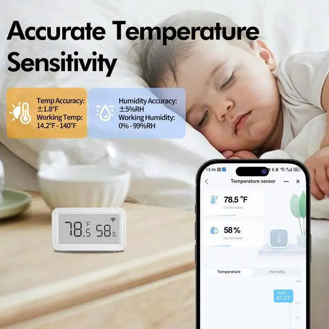Alt view image 4 of 7 - Smart WiFi Thermometer Hygrometer, Indoor Wireless Temperature Humidity Sensor with Electronic Display, App Notification Alert, Free Data Storage Export, Digital Remote Monitor for Home Room (1)