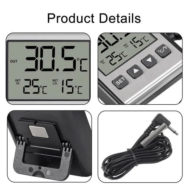 Alt view image 4 of 7 - 2pcs Fridge Refrigerator Thermometer Freezer Thermometer high and Low Temperature Alarm Extra Sensor Big LCD Stainless Panel
