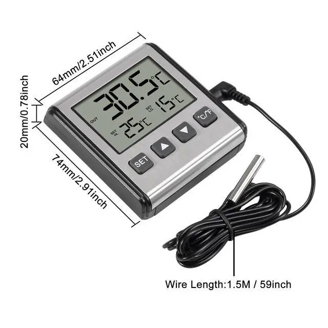 Alt view image 5 of 7 - 2pcs Fridge Refrigerator Thermometer Freezer Thermometer high and Low Temperature Alarm Extra Sensor Big LCD Stainless Panel