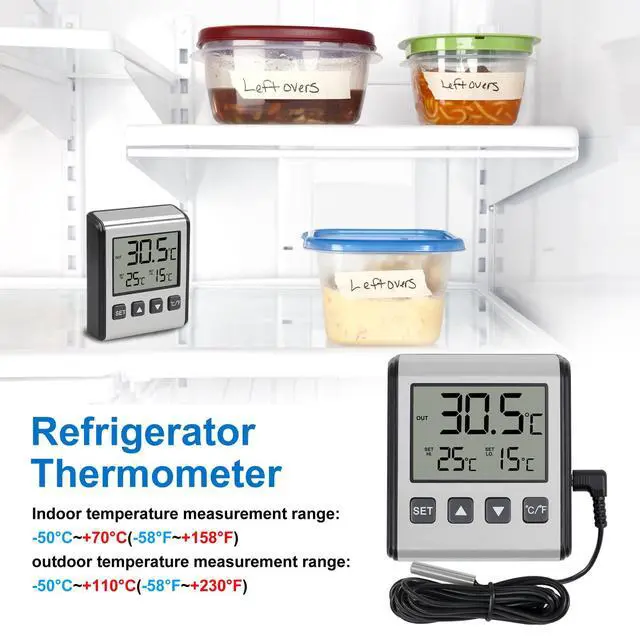 Alt view image 6 of 7 - 2pcs Fridge Refrigerator Thermometer Freezer Thermometer high and Low Temperature Alarm Extra Sensor Big LCD Stainless Panel