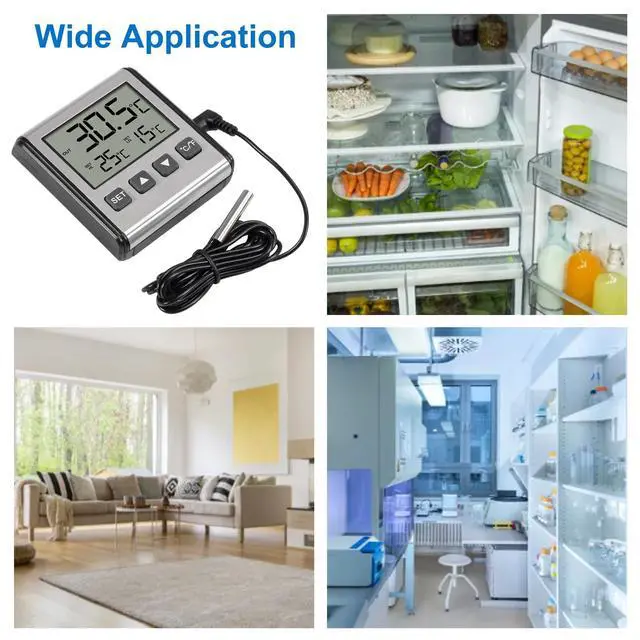 Alt view image 7 of 7 - 2pcs Fridge Refrigerator Thermometer Freezer Thermometer high and Low Temperature Alarm Extra Sensor Big LCD Stainless Panel