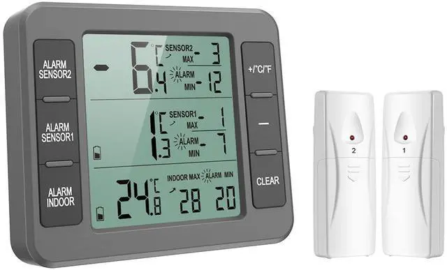 Main image of Refrigerator Thermometer, Indoor Outdoor Thermometer with 2 Sensors, Wireless Digital Freezer Thermometer with Audible Alarm Temperature Gauge, Min/Max Record for Home, Kitchen Grey