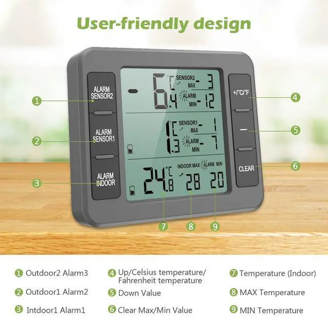 Alt view image 4 of 7 - Refrigerator Thermometer, Indoor Outdoor Thermometer with 2 Sensors, Wireless Digital Freezer Thermometer with Audible Alarm Temperature Gauge, Min/Max Record for Home, Kitchen Grey