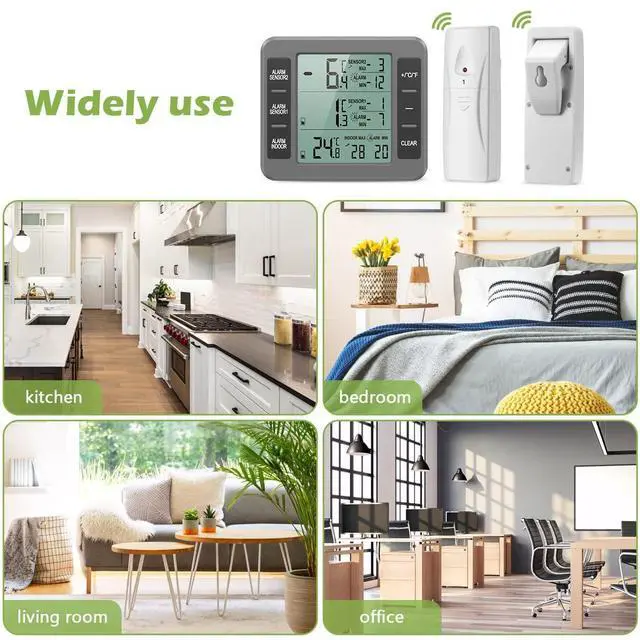Alt view image 5 of 7 - Refrigerator Thermometer, Indoor Outdoor Thermometer with 2 Sensors, Wireless Digital Freezer Thermometer with Audible Alarm Temperature Gauge, Min/Max Record for Home, Kitchen Grey
