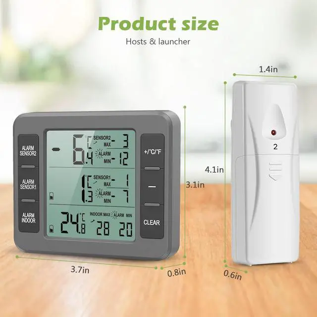 Alt view image 7 of 7 - Refrigerator Thermometer, Indoor Outdoor Thermometer with 2 Sensors, Wireless Digital Freezer Thermometer with Audible Alarm Temperature Gauge, Min/Max Record for Home, Kitchen Grey