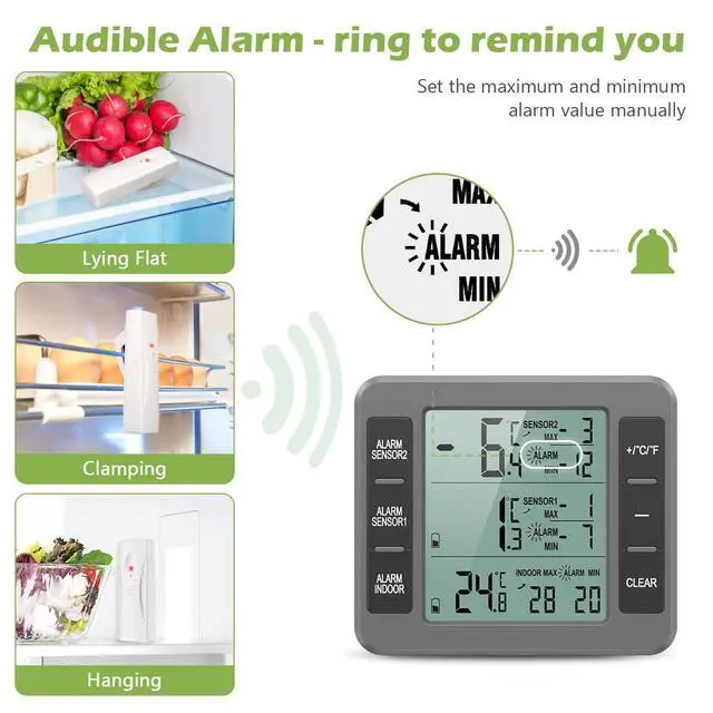 Alt view image 2 of 7 - Refrigerator Thermometer, Indoor Outdoor Thermometer with 2 Sensors, Wireless Digital Freezer Thermometer with Audible Alarm Temperature Gauge, Min/Max Record for Home, Kitchen Grey