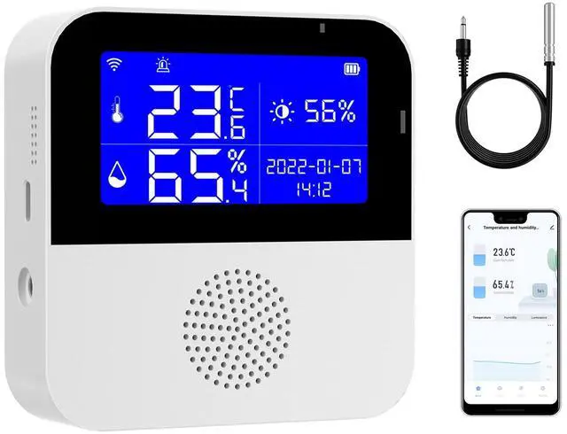 Main image of WiFi Thermometer Hygrometer with Waterproof Probe: Smart Temperature Humidity Sensor with LCD Backlit Screen & Calibration Function, App & Buzzer Alert, Indoor Temperature Monitor for Home Pet