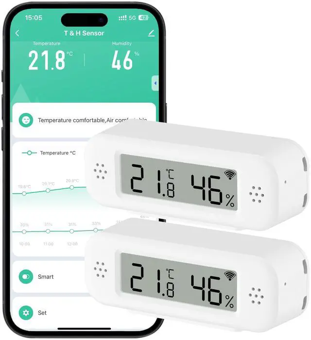 Main image of Thermometer Hygrometer Sensor, Temperature & Humidity Sensor with Notification Alarm for Remote Applications, Free Data Export, Compatible with Alexa- 2 Pack