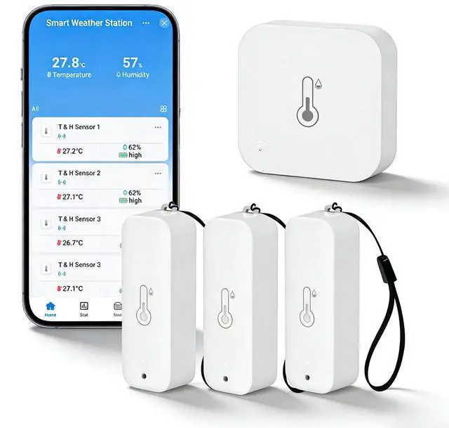 Main image of WiFi Hygrometer Thermometer Indoor Outdoor: Smart Temperature and Humidity Sensor with App Notification and Data Storage, 150m Range, Compatible with Alexa, 3 Sensors +1 Base Station