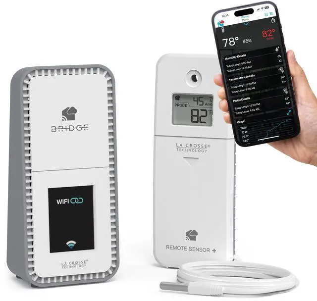 Main image of Temp Tracker Probe Wi-Fi Alert System with The Bridge Gateway and a Temperature Probe Sensor with Ambient Temperature and Humidity