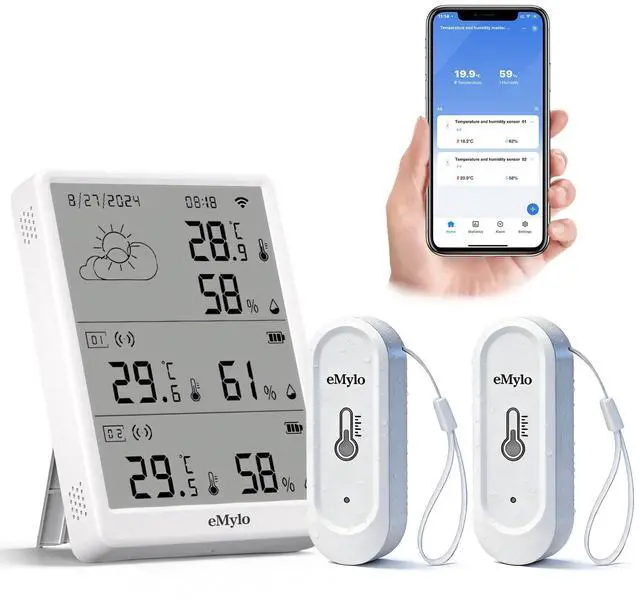 Main image of WiFi Thermometer Hygrometer 3 Pack, Smart Digital Indoor Temperature Humidity Monitor 328Ft Rang with 2 IP65 Outdoor Wireless Sensors, App Alerts, Free Data Storage Export, for Home, Greenhouse