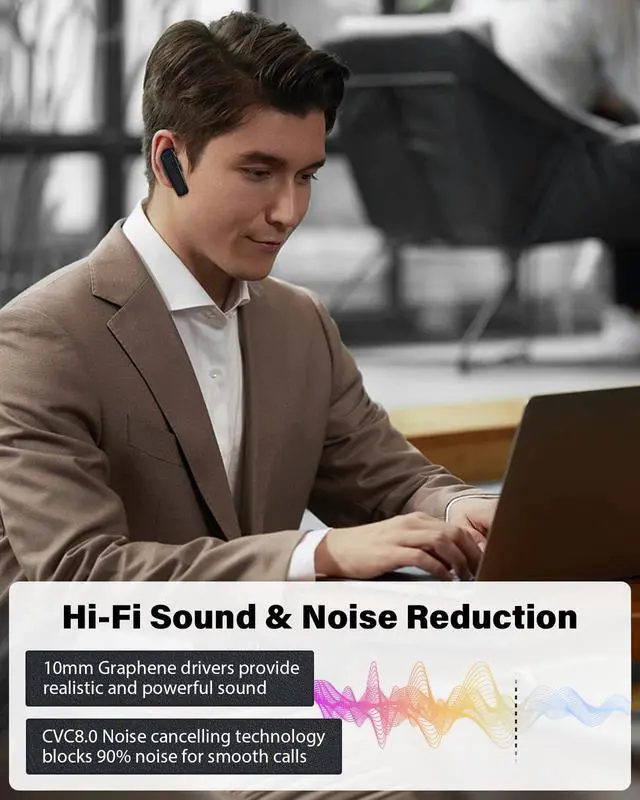 Alt view image 6 of 7 - Bluetooth Headset, Single Ear Business Earbuds, V5.3 Hands-Free Earphones with Hook, 16 Hrs Talk Time Wireless Earbuds, Bluetooth Earpiece with Built-in Mic for Driving/Business/Office/Truck Driver