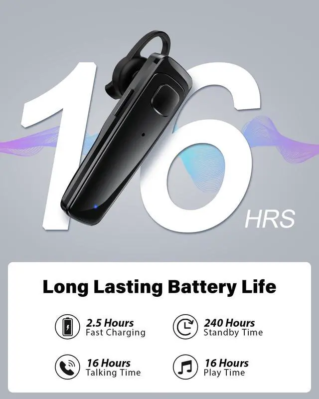 Alt view image 4 of 7 - Bluetooth Headset, Single Ear Business Earbuds, V5.3 Hands-Free Earphones with Hook, 16 Hrs Talk Time Wireless Earbuds, Bluetooth Earpiece with Built-in Mic for Driving/Business/Office/Truck Driver