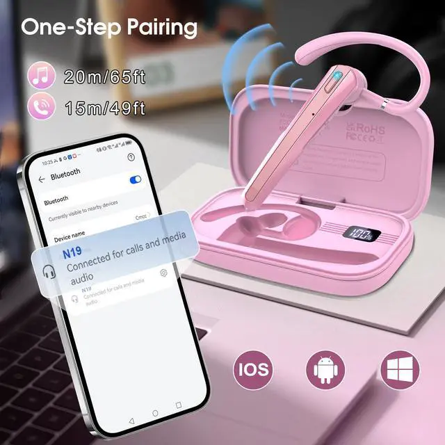 Alt view image 4 of 7 - Bluetooth Headset V5.3, Wireless Headset with ENC Noise Canceling Mic, 120Hrs Talk Single-Ear Bluetooth Earpiece, LED Display, IP7 Waterproof Hand-Free Earphone for Business/Trucker/Driver, Pink