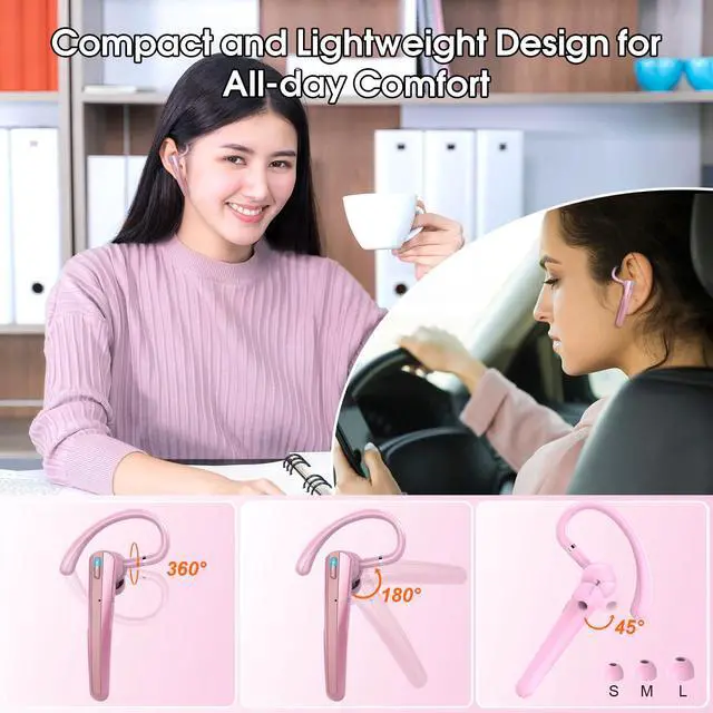 Alt view image 5 of 7 - Bluetooth Headset V5.3, Wireless Headset with ENC Noise Canceling Mic, 120Hrs Talk Single-Ear Bluetooth Earpiece, LED Display, IP7 Waterproof Hand-Free Earphone for Business/Trucker/Driver, Pink