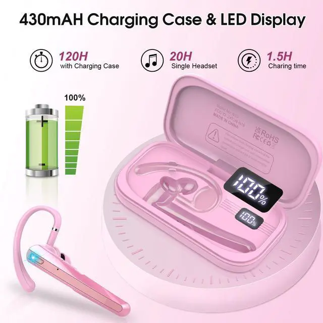 Alt view image 6 of 7 - Bluetooth Headset V5.3, Wireless Headset with ENC Noise Canceling Mic, 120Hrs Talk Single-Ear Bluetooth Earpiece, LED Display, IP7 Waterproof Hand-Free Earphone for Business/Trucker/Driver, Pink