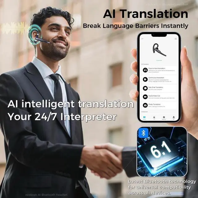 Alt view image 2 of 6 - AI Bluetooth Headset Wireless Bluetooth Headphone Earphone Earpiece with Translation, Noise Cancelling, Last 72H, Single-Ear Earbuds with Microphone, for Phone/PC/Laptop, Daily/Office/Trucker