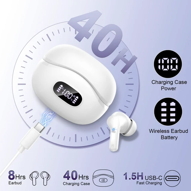 Alt view image 4 of 7 - Wireless Earbuds, 48Hrs 2026 Bluetooth Headphones, Hi-Fi Stereo Deep Bass Ear Buds, ENC Noise Cancelling Mic, Clear Calls, IP-X7 Waterproof, USB Sport Earphones in Ear for Phones Laptop Pad, White