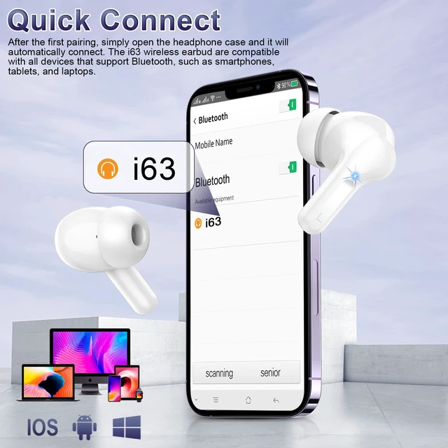 Alt view image 6 of 7 - Wireless Earbuds, 48Hrs 2026 Bluetooth Headphones, Hi-Fi Stereo Deep Bass Ear Buds, ENC Noise Cancelling Mic, Clear Calls, IP-X7 Waterproof, USB Sport Earphones in Ear for Phones Laptop Pad, White