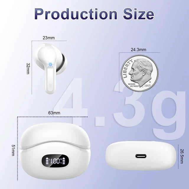 Alt view image 7 of 7 - Wireless Earbuds, 48Hrs 2026 Bluetooth Headphones, Hi-Fi Stereo Deep Bass Ear Buds, ENC Noise Cancelling Mic, Clear Calls, IP-X7 Waterproof, USB Sport Earphones in Ear for Phones Laptop Pad, White