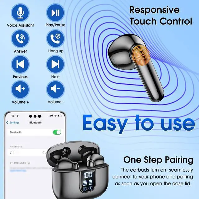 Alt view image 5 of 7 - Wireless Earbuds Bluetooth 5.4 In Ear Buds 6 Mic ENC Noise Cancelling Clear Calls, Deep Bass HiFi Stereo Sound Earphones 35H Playtime LED Power Display IPX7 Waterproof Headphones for Android iOS Black