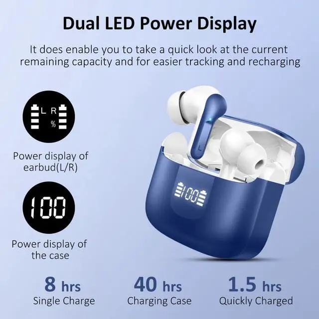 Alt view image 4 of 7 - Wireless Earbud Bluetooth 5.4 Headphones, Hi-Fi Stereo Ear Buds with 4 ENC Cancelling Mics, 40H in-Ear Earphones IP7 Waterproof Sports, LED Display, Mini Headset for Laptop Pad TV Phones, Deep Blue