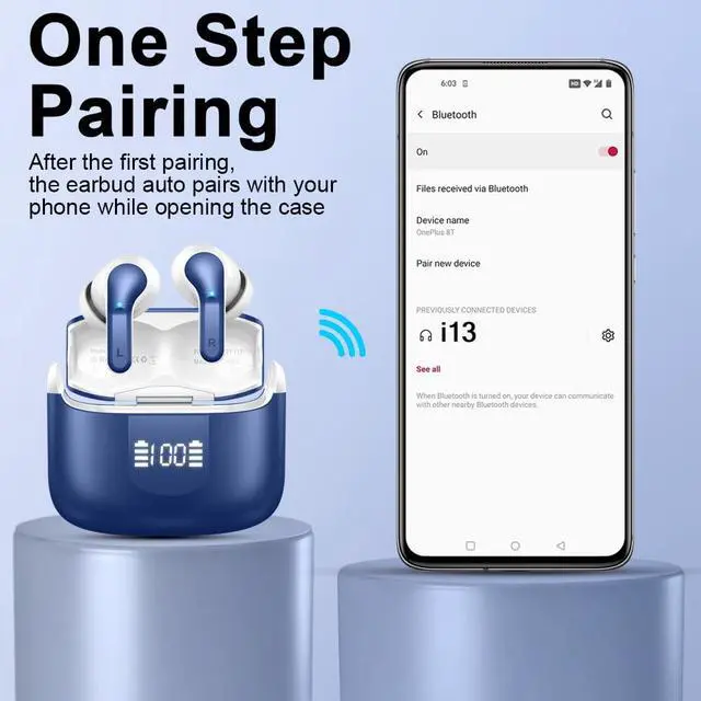 Alt view image 7 of 7 - Wireless Earbud Bluetooth 5.4 Headphones, Hi-Fi Stereo Ear Buds with 4 ENC Cancelling Mics, 40H in-Ear Earphones IP7 Waterproof Sports, LED Display, Mini Headset for Laptop Pad TV Phones, Deep Blue