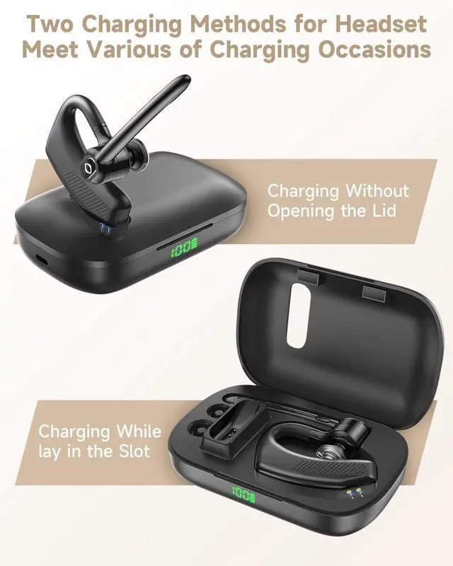 Alt view image 2 of 6 - Bluetooth Headset Wireless Earpiece iPhone Android Wireless Charging Case Microphone Earpiece Handsfree Single Ear Headset LED Digital Display Phones Computer Work 180H Playtime 1000mAh Drivers