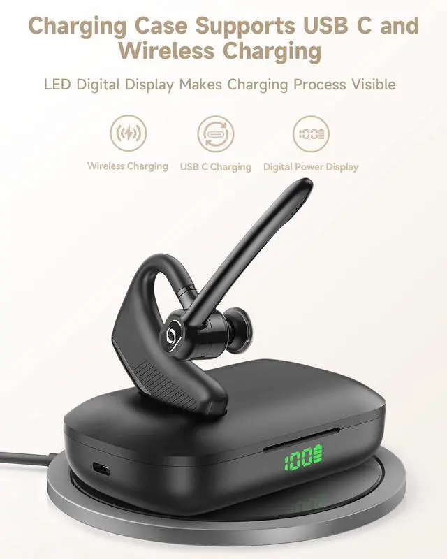 Alt view image 3 of 6 - Bluetooth Headset Wireless Earpiece iPhone Android Wireless Charging Case Microphone Earpiece Handsfree Single Ear Headset LED Digital Display Phones Computer Work 180H Playtime 1000mAh Drivers