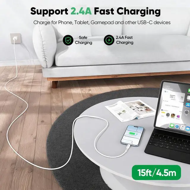 Alt view image 3 of 7 - 15 FT USB C Cable Fast Charging 2 Pack, Extra Long USB A to Type C White Data Cord, 15 Foot USB-A to USBC Cables for Security Camera, iPhone 17/16/15, Galaxy S24/S23, Tablet, Game Controller