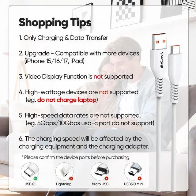Alt view image 6 of 7 - 15 FT USB C Cable Fast Charging 2 Pack, Extra Long USB A to Type C White Data Cord, 15 Foot USB-A to USBC Cables for Security Camera, iPhone 17/16/15, Galaxy S24/S23, Tablet, Game Controller