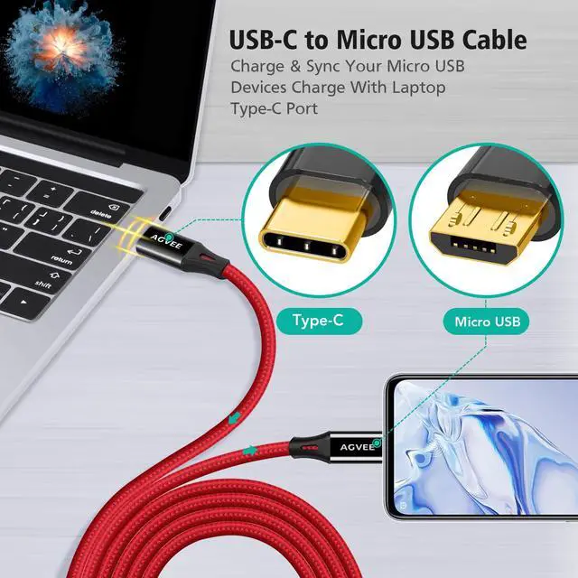 Alt view image 2 of 7 - 2 Pack 10ft USB-C to Micro USB Cable | Gold Plated End Tips, Data Transfer Charger Cord for Micro USB Devices, PS4 XBox Controller, Kindle, Old Android Phone