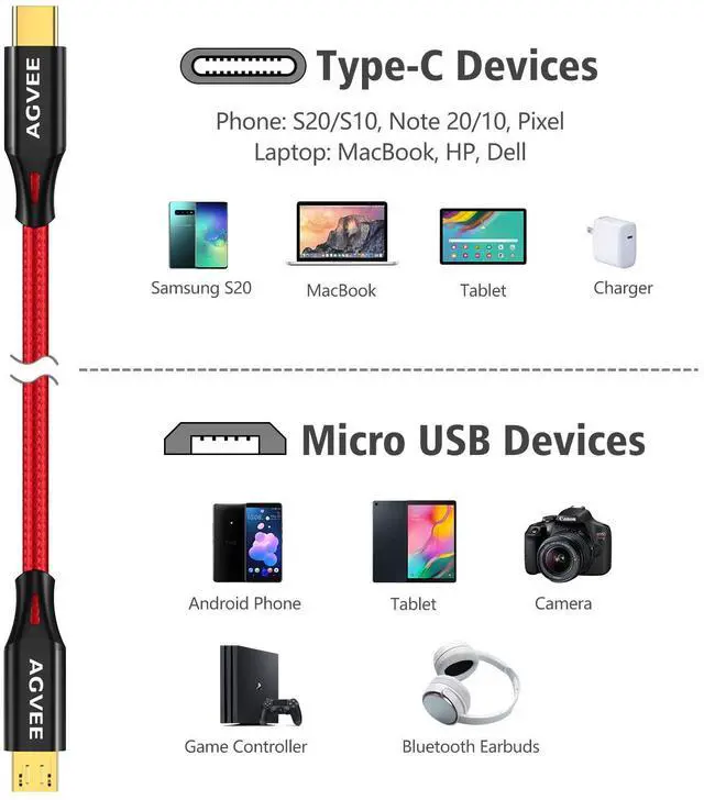 Alt view image 7 of 7 - 2 Pack 10ft USB-C to Micro USB Cable | Gold Plated End Tips, Data Transfer Charger Cord for Micro USB Devices, PS4 XBox Controller, Kindle, Old Android Phone