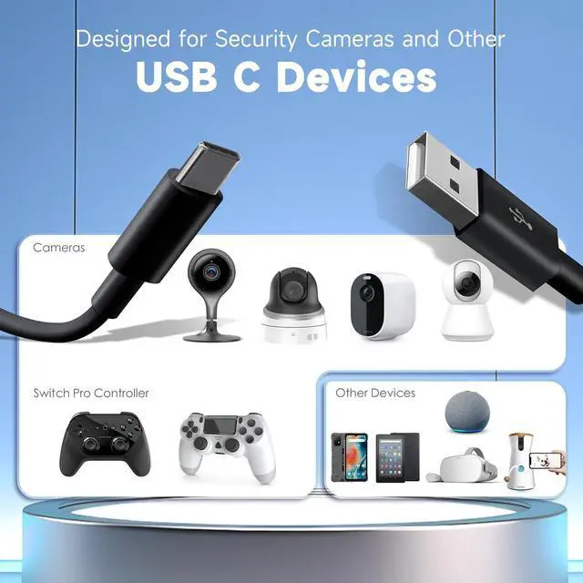 Alt view image 4 of 7 - 2 Pack 16.4ft/5M Long USB C Cable, Charging and Data Transfer, Durable USB A to USB C Power Charging Replacement Cord for Home Security Cameras, Phones, Switch Pro Controllers and More Devices-Black