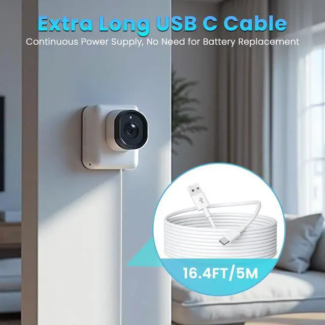 Alt view image 7 of 7 - 2PCS 16.4FT/5M USB A to USB C Flexible Long Cable, 5V 2A 10W Type C Durable Charging and Stable Data Transfer Cable for Home Security Cameras, Smartphones, Tablets and More (White)