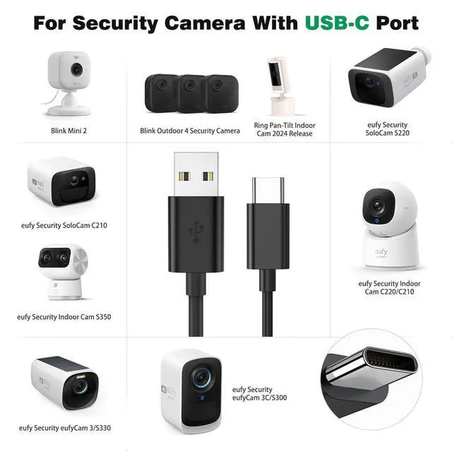 Alt view image 3 of 7 - 33FT/10M USB to USB C Power Cable for CCTV Camera, Type C Power Extension Cable for Xiaomi Mi Security Camera Outdoor Indoor Cord with 10 Wire Clips Cable Nails, Black