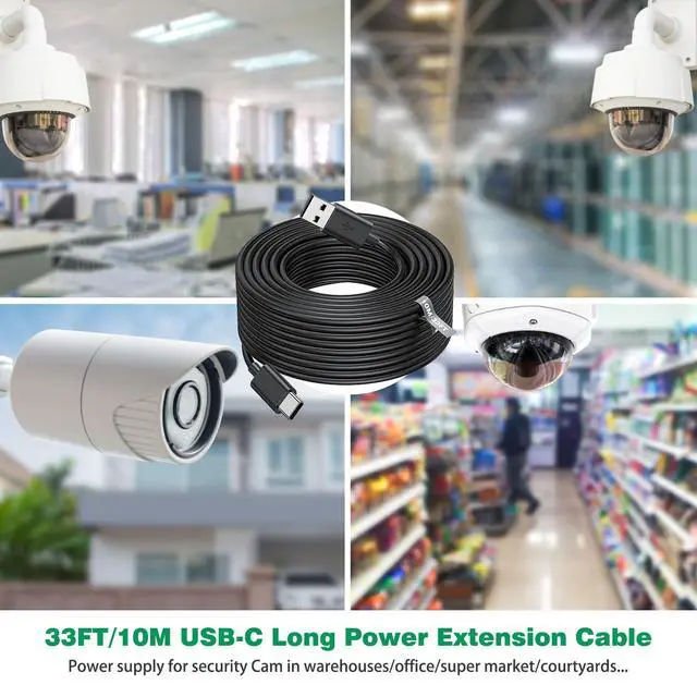 Alt view image 7 of 7 - 33FT/10M USB to USB C Power Cable for CCTV Camera, Type C Power Extension Cable for Xiaomi Mi Security Camera Outdoor Indoor Cord with 10 Wire Clips Cable Nails, Black