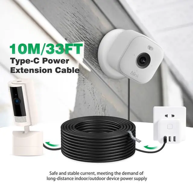 Alt view image 2 of 7 - 33FT/10M USB to USB C Power Cable for CCTV Camera, Type C Power Extension Cable for Xiaomi Mi Security Camera Outdoor Indoor Cord with 10 Wire Clips Cable Nails, Black